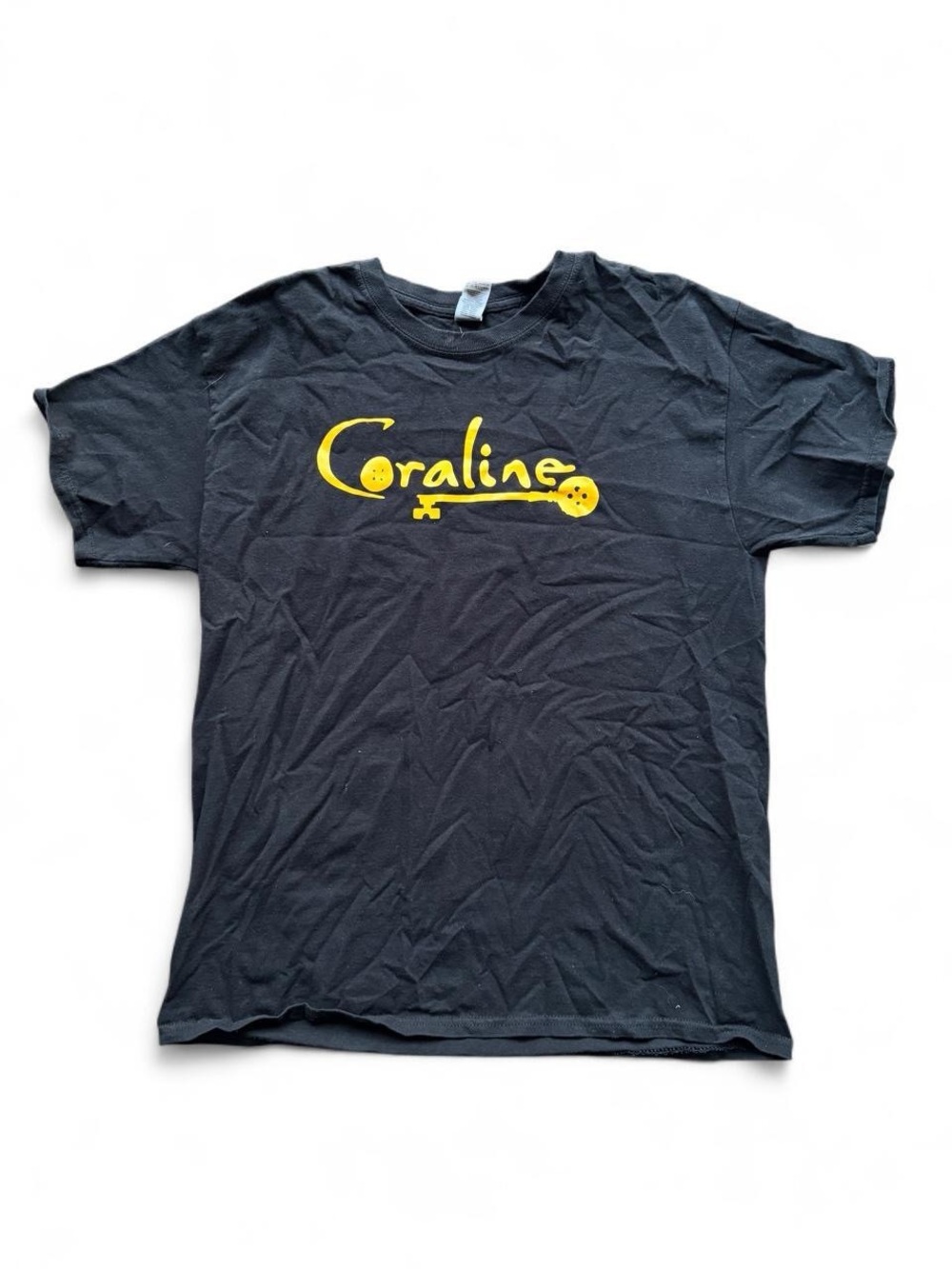 ✨Coraline black cotton t shirt with yellow Coraline text and key graphic size L✨